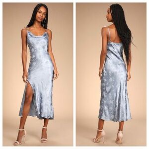Lulus All About You Slate Blue Floral Jacquard Satin Midi
Dress